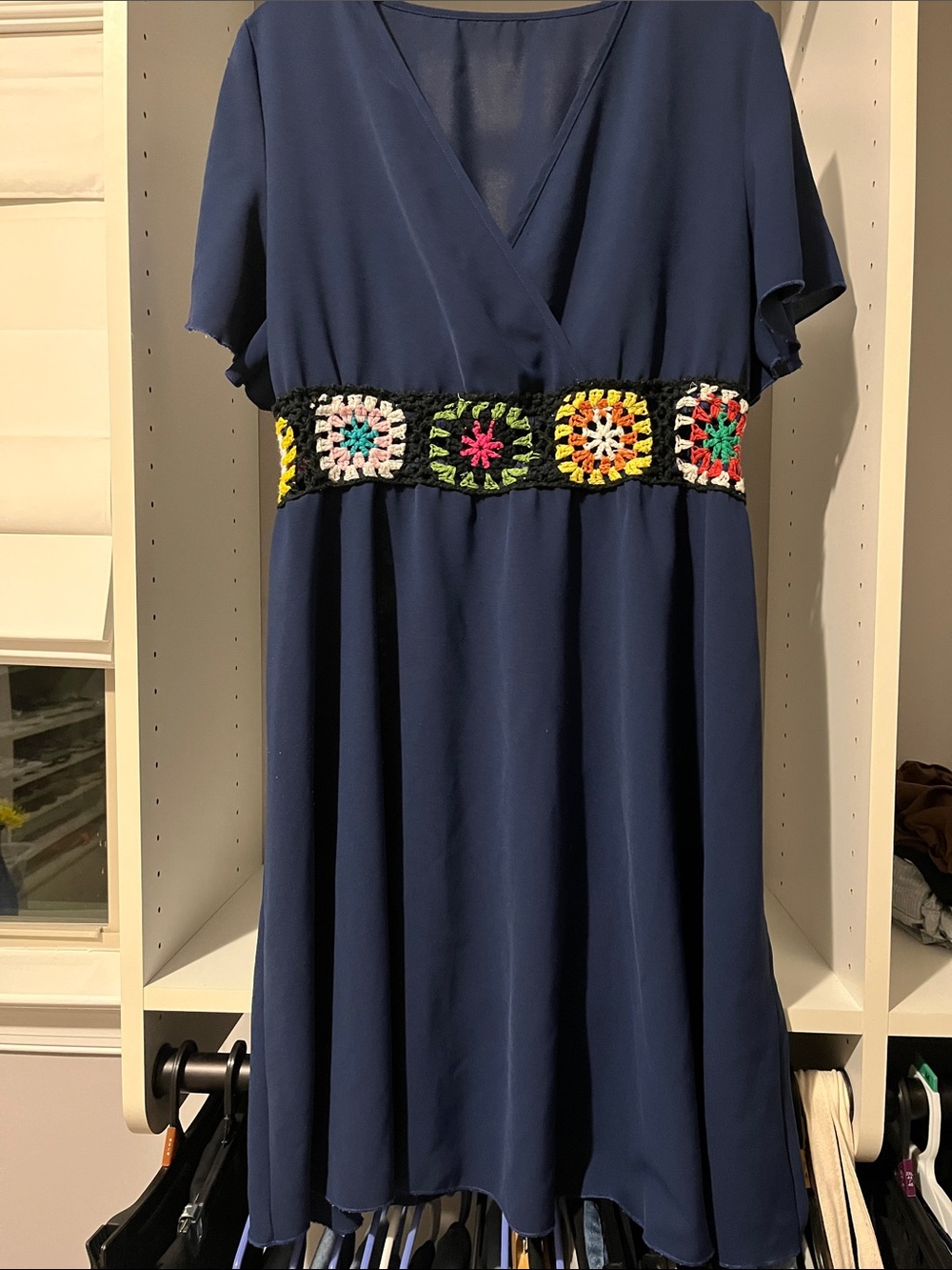 Navy Dress with Colorful Crochet Waistband